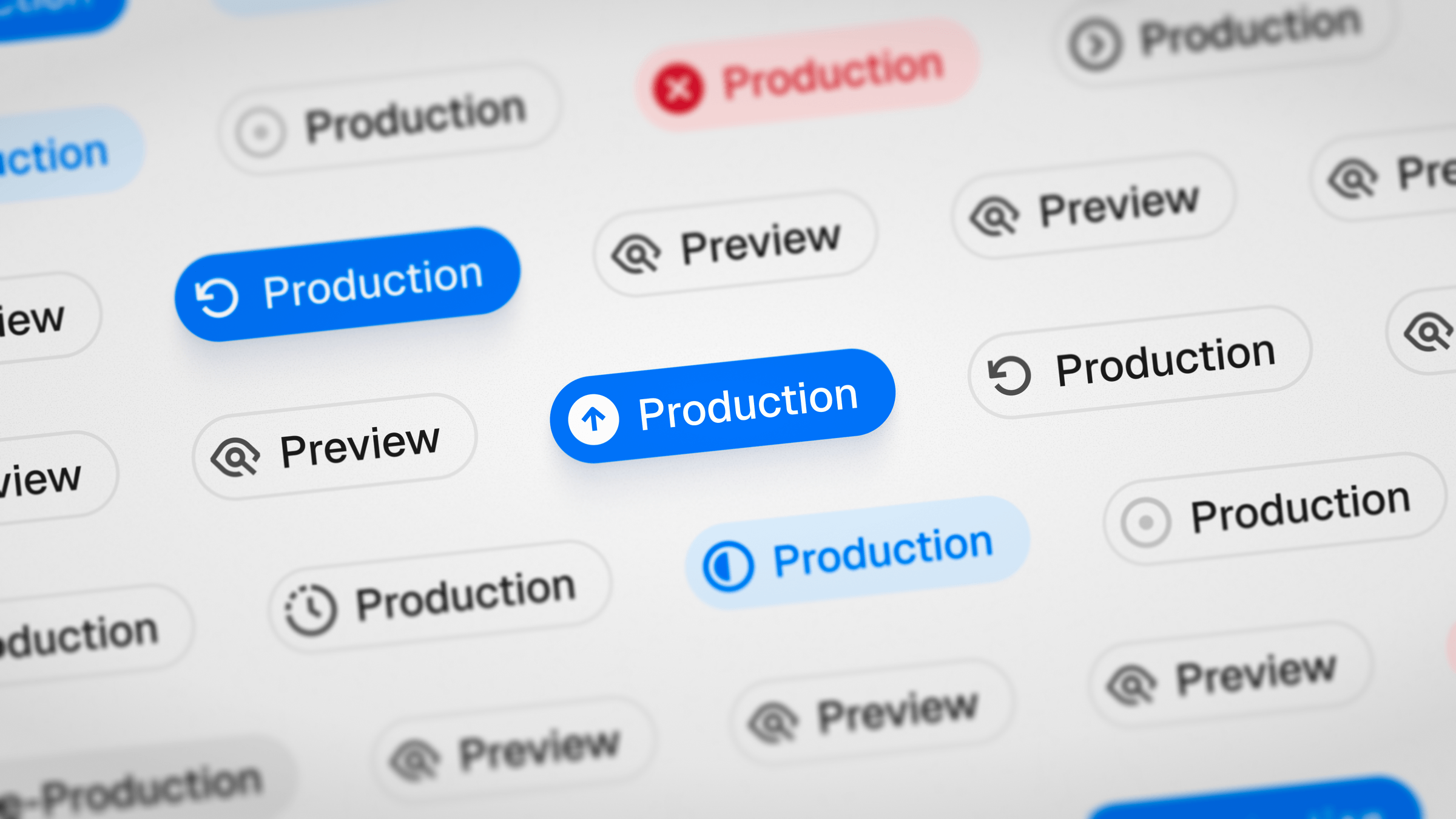 A collage of Vercel deployment status pills showing Production and Preview states with various icons